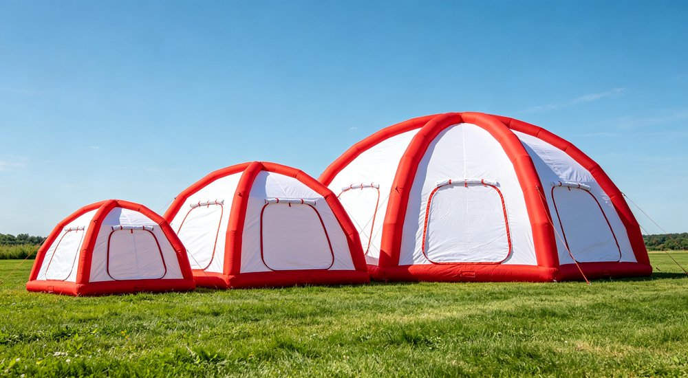Night operation of inflatable emergency tent with interior lighting, warm glow, workers on duty, professional installation team for rapid field setup