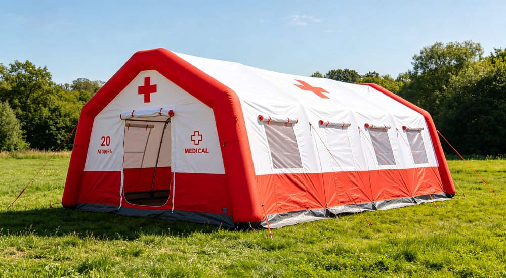 Medium 20 square meter red and white inflatable medical tent for 10-15 people, green grass, blue sky, designed for field hospitals and emergency response teams