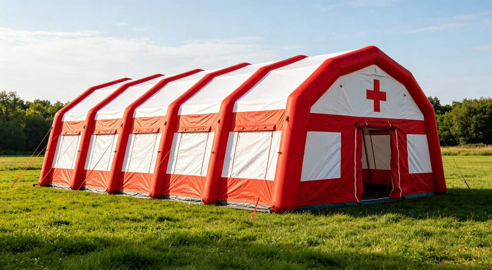 Large 30 square meter red and white inflatable field hospital tent, green grass, blue sky, spacious interior for medical triage and command operations