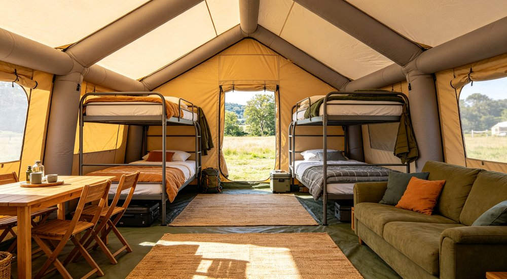 Accommodation configuration interior of inflatable tent with bunk beds and living space, bright lighting, comfortable living space for displaced persons and workers