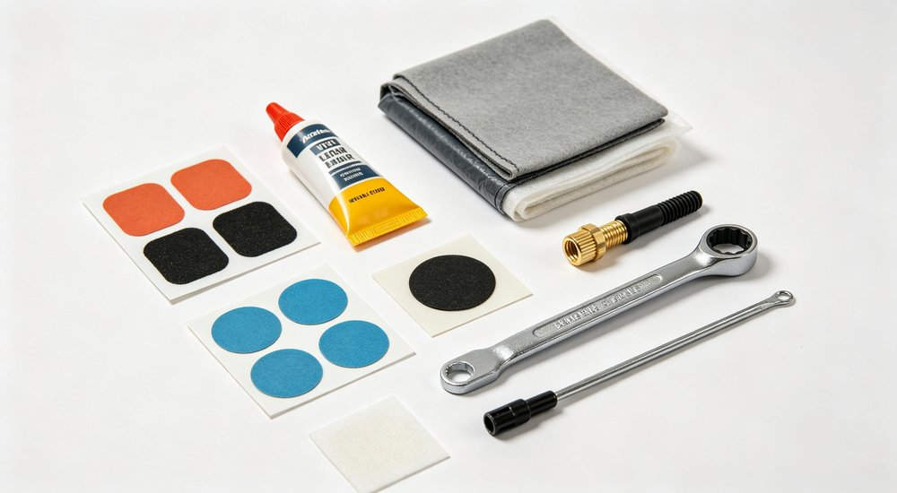 Complete inflatable tent repair kit with glue patches valve wrench laid out, product shot, bright lighting, essential maintenance for long-term field deployment