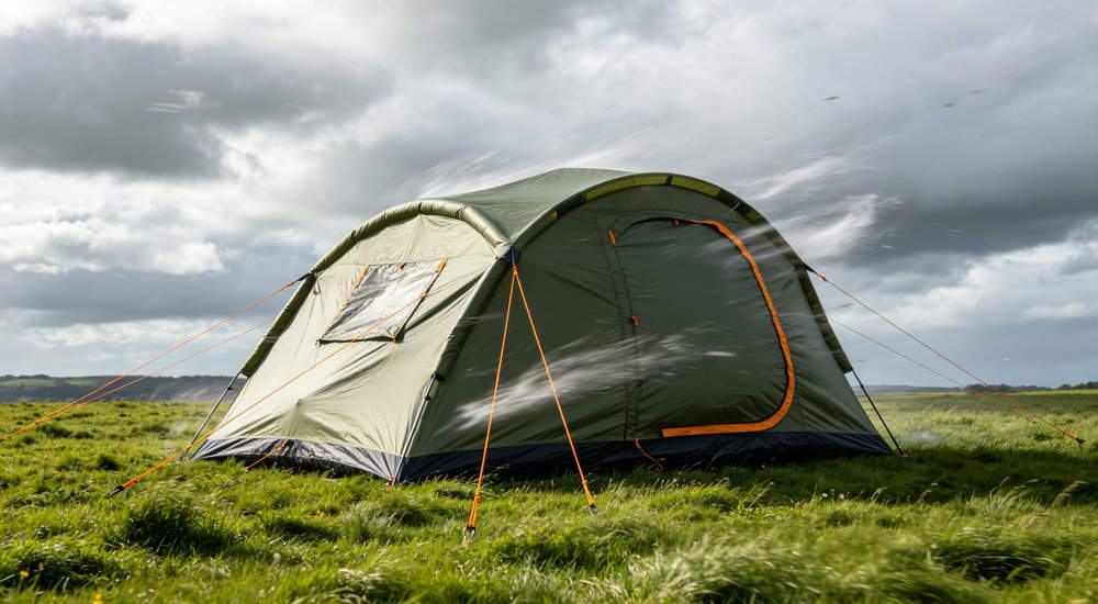 Inflatable emergency tent in strong wind with guy ropes, wind resistance test, green grass, windy conditions, tested for durability in extreme weather conditions