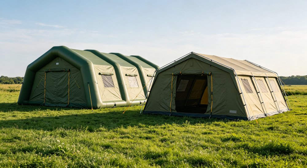 Side by side comparison of inflatable tent vs frame tent, both large emergency shelters, green grass, blue sky, spacious interior for medical triage and command operations