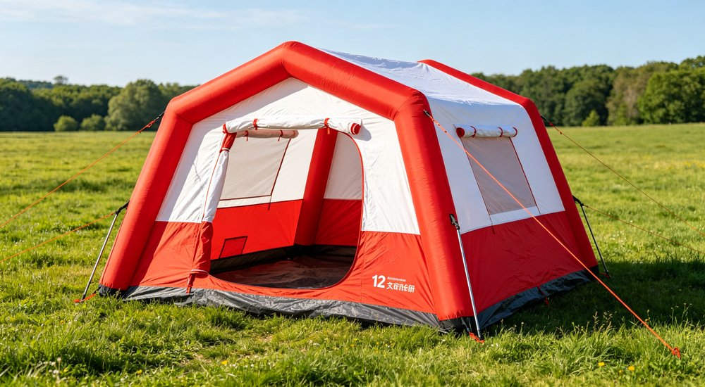 Small 12 square meter red and white inflatable emergency tent for 3-6 people, green grass, blue sky, compact design for first aid and small team deployment
