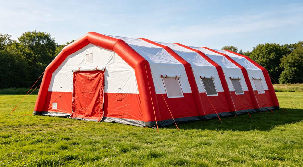Extra large 40 square meter red and white inflatable emergency shelter, green grass, blue sky, spacious interior for medical triage and command operations