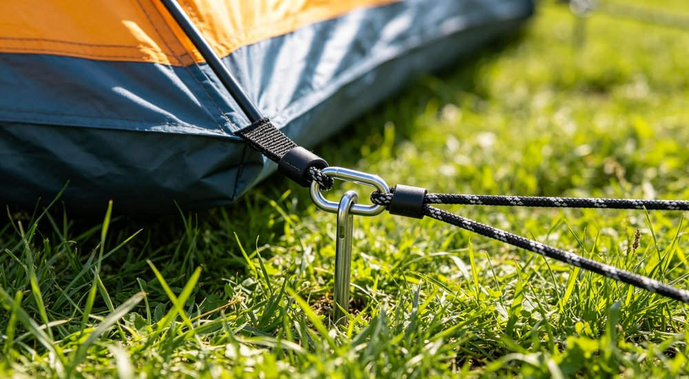 Metal ground stakes and guy ropes securing inflatable tent, anchoring system, green grass, heavy duty anchoring system for various ground types