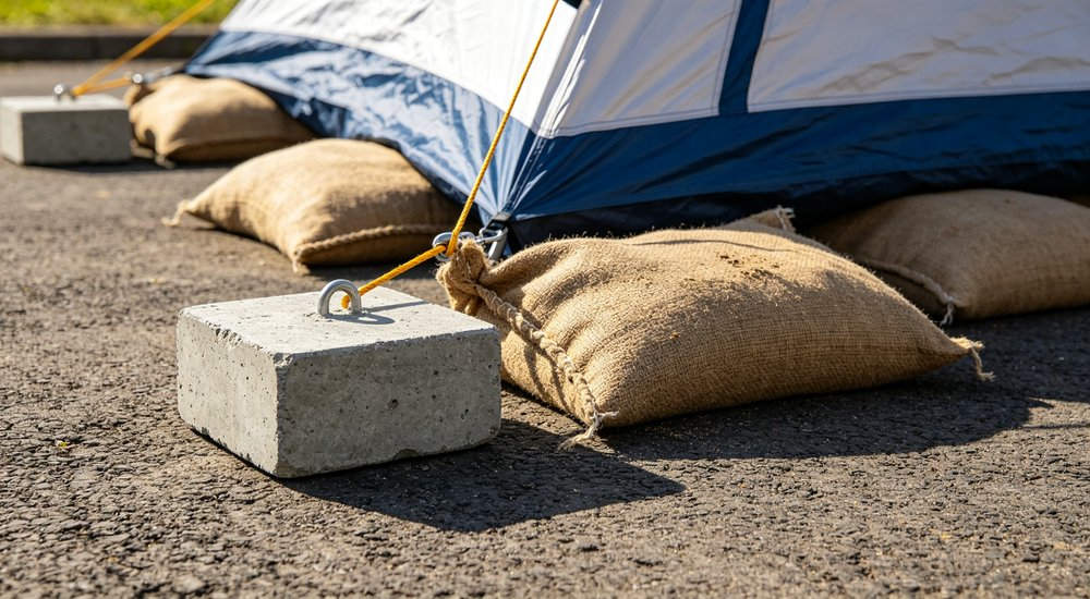 Concrete weights and sandbags used to secure inflatable tent on hard surface, alternative anchoring, alternative securing methods for hard surface installation