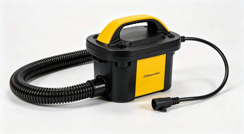 Electric air pump for inflatable tent, black and yellow portable pump with hose, product shot, electric and manual pump options for rapid deployment