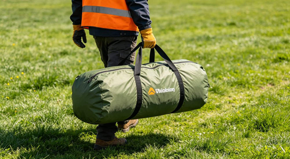 Worker carrying inflatable tent storage bag showing compact packed size, green grass, blue sky, compact storage bag for easy transport and deployment