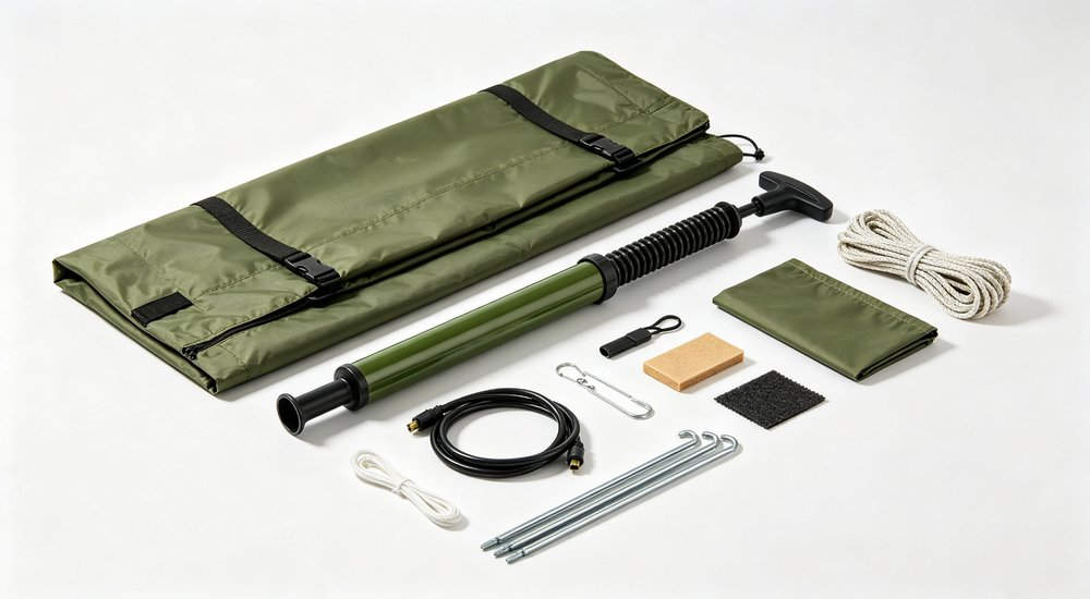 Complete inflatable tent accessory set laid out with pump stakes ropes repair kit, product shot, essential maintenance for long-term field deployment