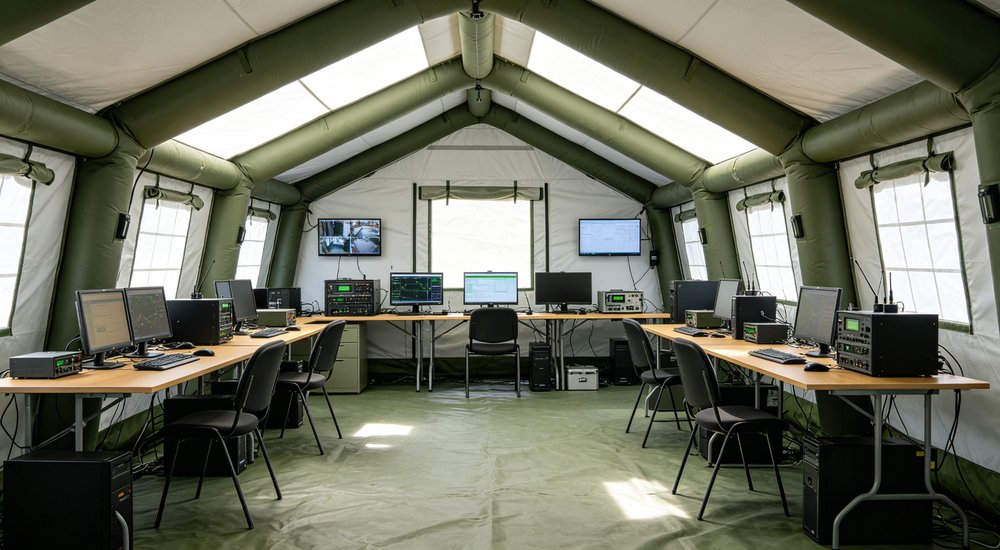 Command center configuration of inflatable tent with desks and communication equipment, bright lighting, for emergency management and disaster response coordination