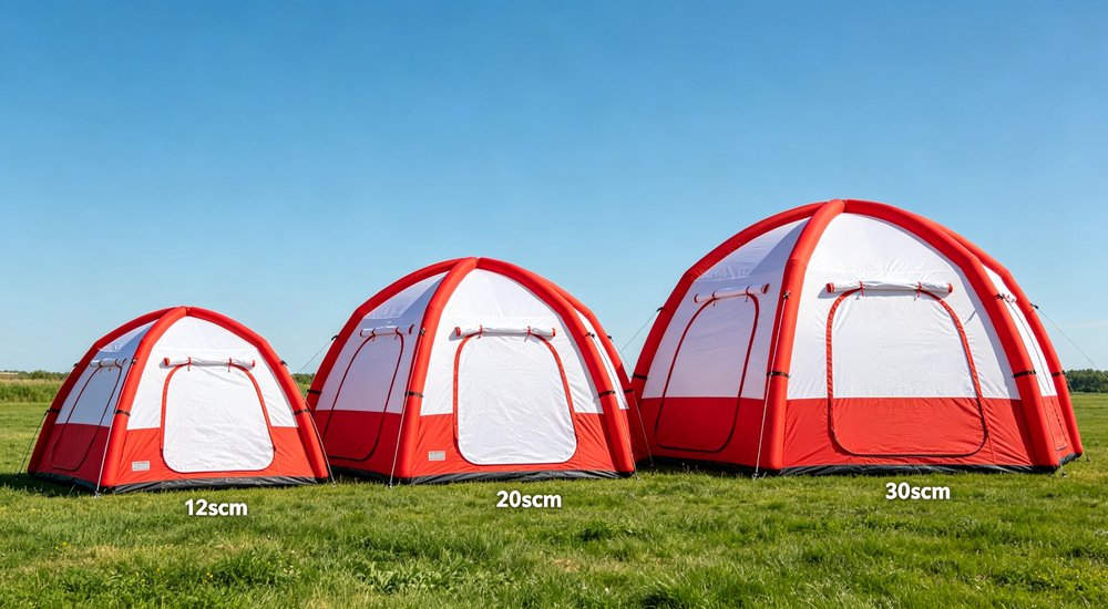 Chinese factory workers with Asian faces manufacturing inflatable tents, bright clean workshop, quality controlled manufacturing process for bulk orders for emergency response and disaster relief programs worldwide