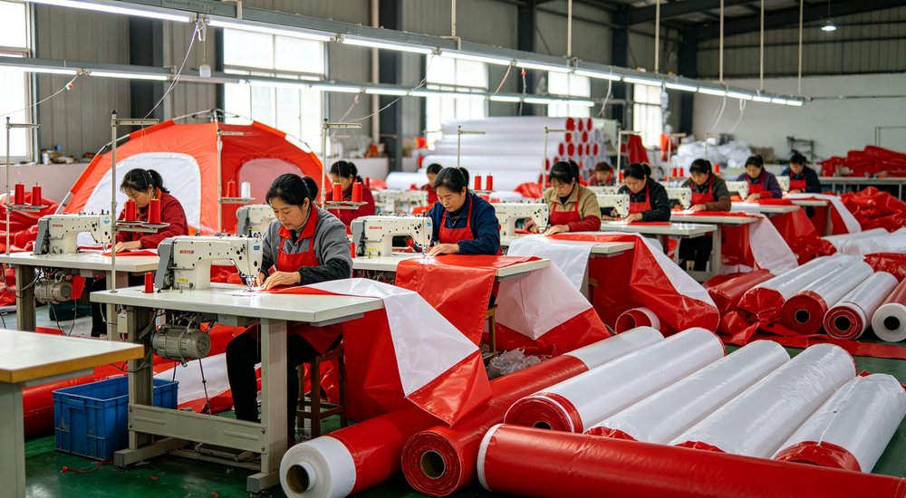 Warehouse quality control of inflatable tents, Asian female inspector checking product, bright lighting, storage and inspection before international shipping for emergency response and disaster relief programs worldwide