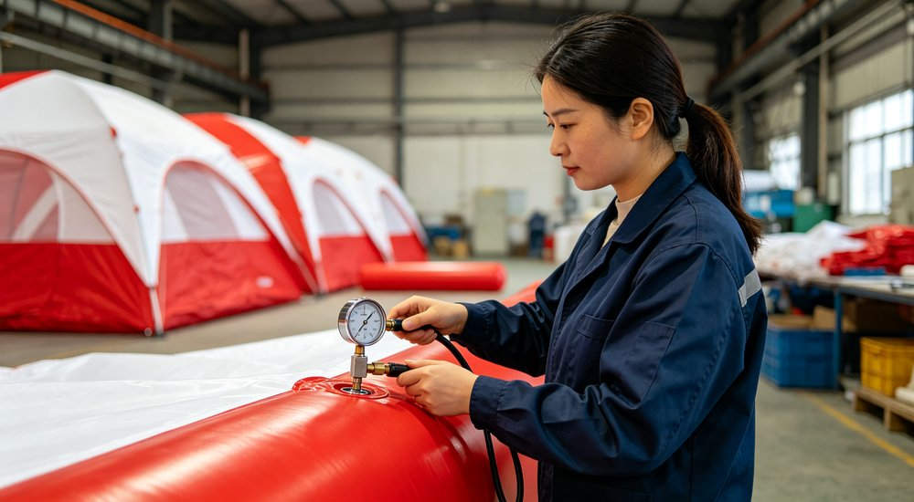 Inflatable tent wind resistance test in strong wind with guy ropes, green grass, windy conditions, tested for durability in extreme weather conditions