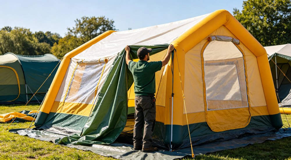 Three different sizes of red and white inflatable emergency tents displayed side by side on green grass, showing small medium and large models for price comparison, blue sky, professional product photography