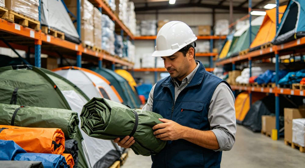 Factory production line with Chinese workers manufacturing red and white inflatable tents, sewing machines and PVC fabric rolls, industrial workshop, professional manufacturing scene
