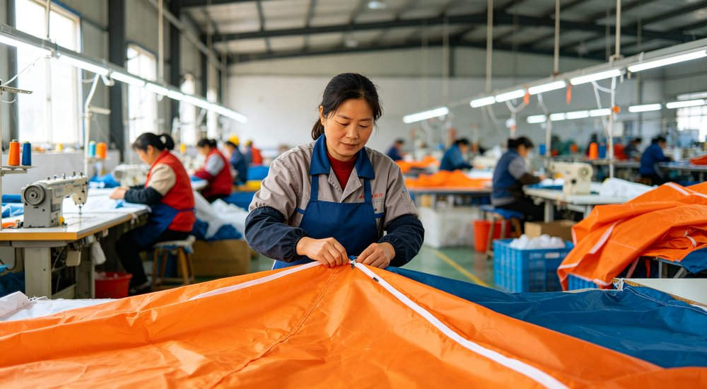 Warehouse packing and shipping scene, workers packing inflatable tents into boxes, forklift loading container, logistics warehouse, professional export packaging, professional product for B2B wholesale and government procurement, durable construction for emergency response