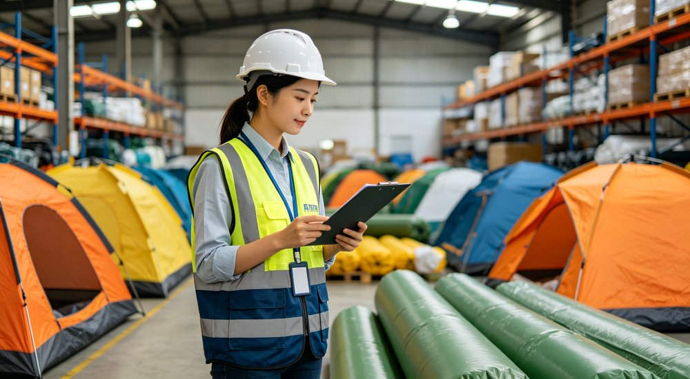 Quality control inspection of red and white inflatable tent, female worker testing air pressure with gauge, factory workshop, professional quality assurance testing