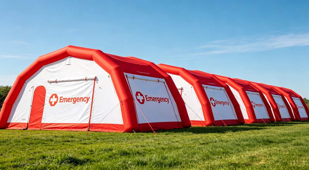 Storage inspection of inflatable tent in warehouse, worker checking folded tent, bright lighting, storage and inspection before international shipping for emergency response and disaster relief programs worldwide