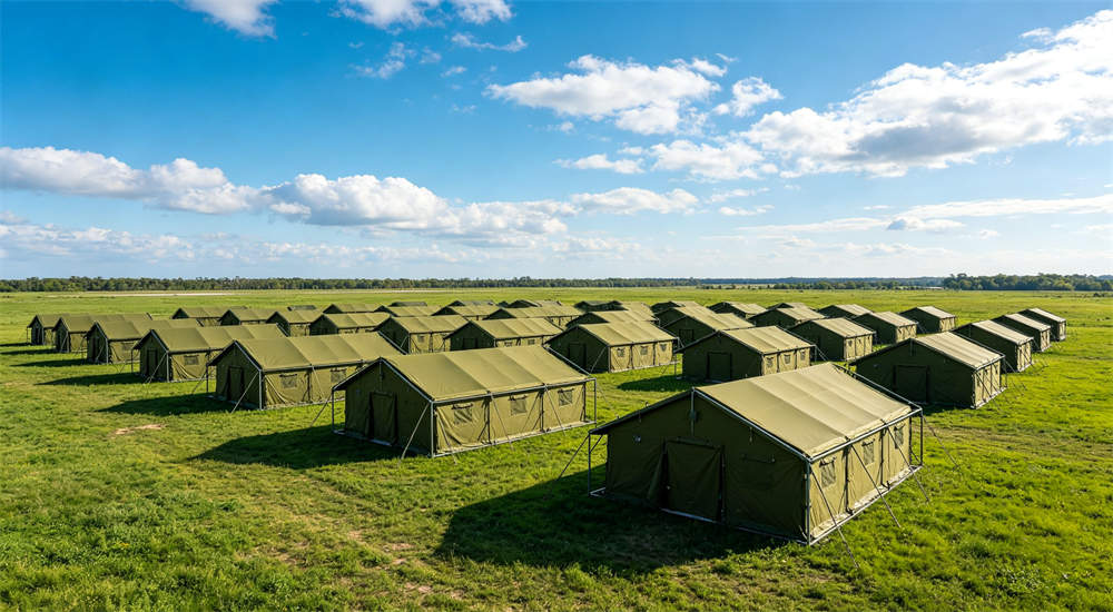 Wide aerial view of government disaster relief camp with rows of olive green steel frame civil affairs tents under bright blue sky with white clouds, green grass field, sunny day, professional B2B product photography for wholesale procurement