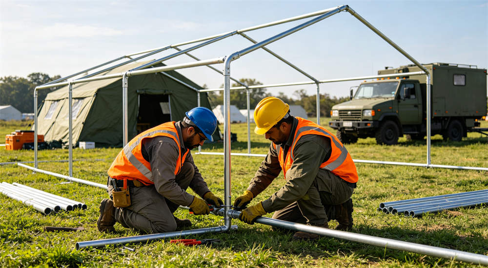 Workers in safety vests assembling steel tube frame of relief tent, connecting bolted joints on grassy field, disaster response team deployment training for emergency shelter
