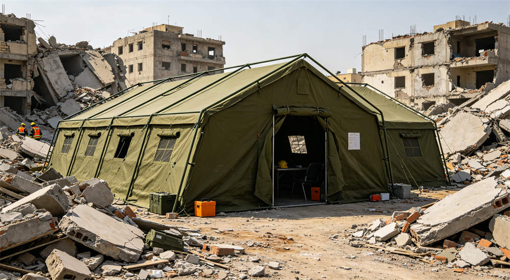 Large 36m2 steel frame community tent for relief camp, spacious interior visible for dining medical or command center use in disaster operations