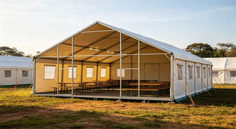 Command center configuration inside steel frame tent with tables and communication equipment, emergency operations center for disaster relief coordination, professional product for B2B wholesale and government procurement, durable construction for emergency response
