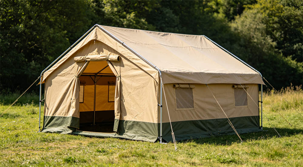 Old used steel frame tent showing wear and tear, faded canvas but intact metal frame, product lifespan and durability demonstration for B2B buyers