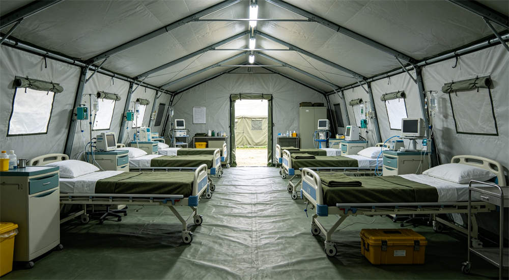 Reinforced steel frame tent with extra guy lines and ground stakes, high wind configuration for storm resistance in disaster relief camp settings