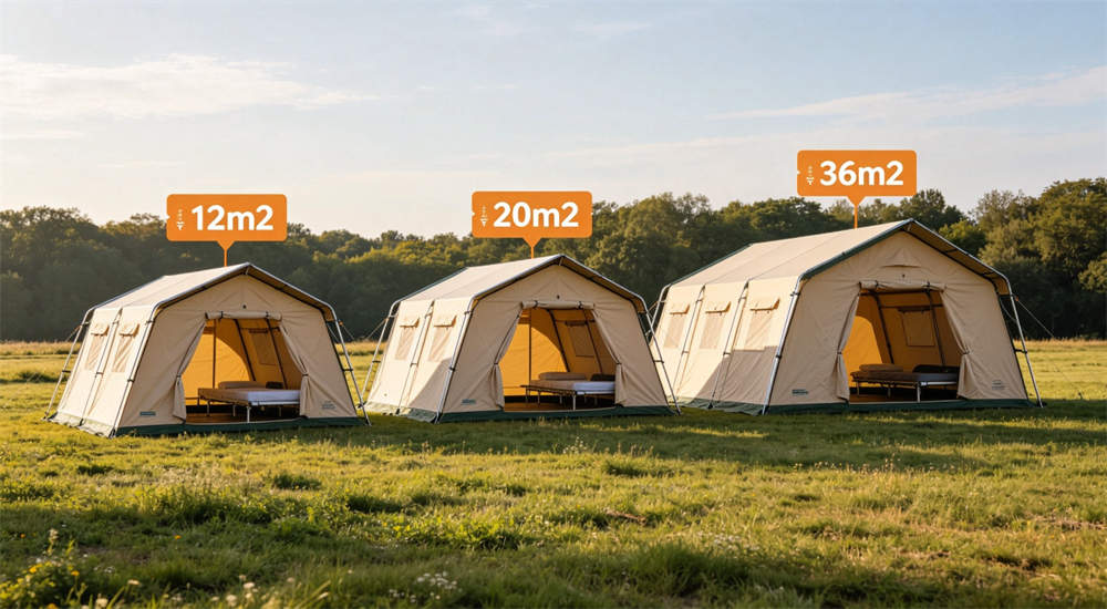 45 degree angle view of 20m2 steel frame relief tent, medium size canvas cover shelter for family accommodation in humanitarian relief camps
