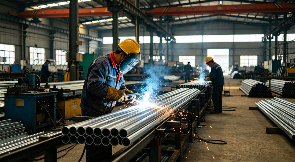 Warehouse workers packing steel frame tents into shipping containers, logistics and export preparation for international relief organization orders, professional product for B2B wholesale and government procurement, durable construction for emergency response