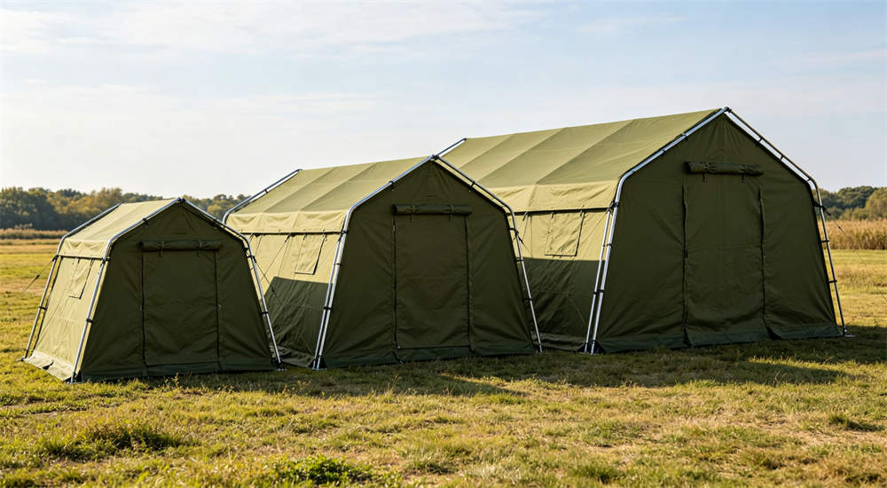 Earthquake disaster site with olive green steel frame relief tents deployed among rubble, rescue operations and emergency shelter setup in affected area