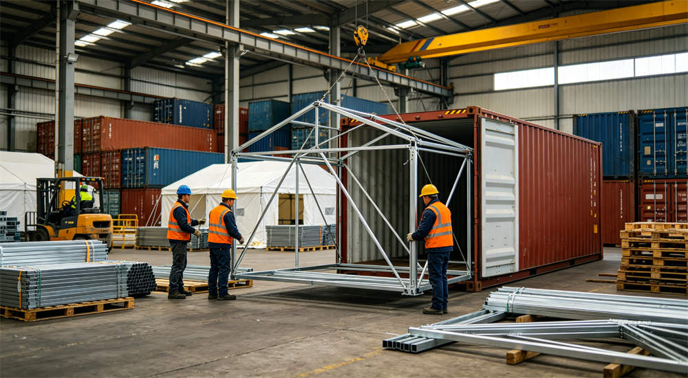 Steel frame relief tent in strong wind with guy lines fully tensioned, wind blowing canvas fabric, storm resistance and structural load testing