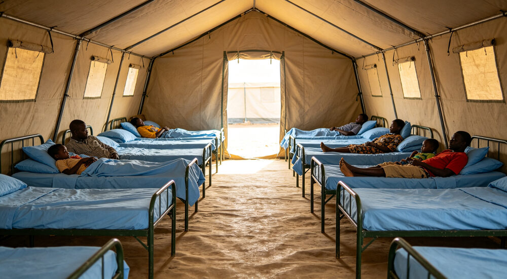 Wide-angle view of emergency shelter facility with clean institutional bedding arranged for disaster relief victims suitable for emergency shelters hospitals universities and hotels requiring durable comfortable bedding solutions