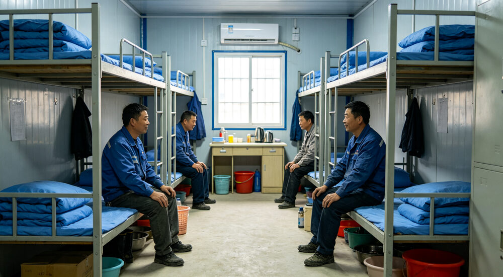 Wide-angle view of emergency shelter facility with clean institutional bedding arranged for disaster relief victims suitable for emergency shelters hospitals universities and hotels requiring durable comfortable bedding solutions