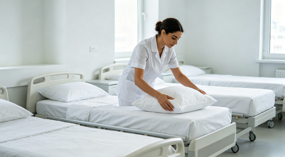 Close-up detail of institutional bedding fabric material showing weave texture thread count and composition for procurement evaluation suitable for emergency shelters hospitals universities and hotels requiring durable comfortable bedding solutions
