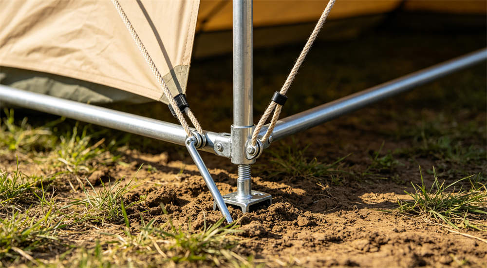 Removable cotton liner being clipped inside steel frame tent, installation process for winter insulation upgrade in cold weather relief camps
