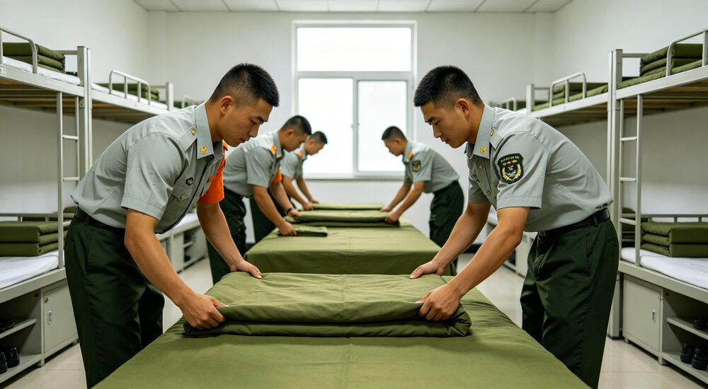 Eye-level shot of university dormitory room with students using institutional bedding in student housing accommodation suitable for emergency shelters hospitals universities and hotels requiring durable comfortable bedding solutions