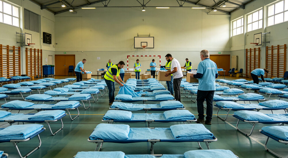 Institutional bedding product display showing material quality and design details for commercial procurement decision making suitable for emergency shelters hospitals universities and hotels requiring durable comfortable bedding solutions