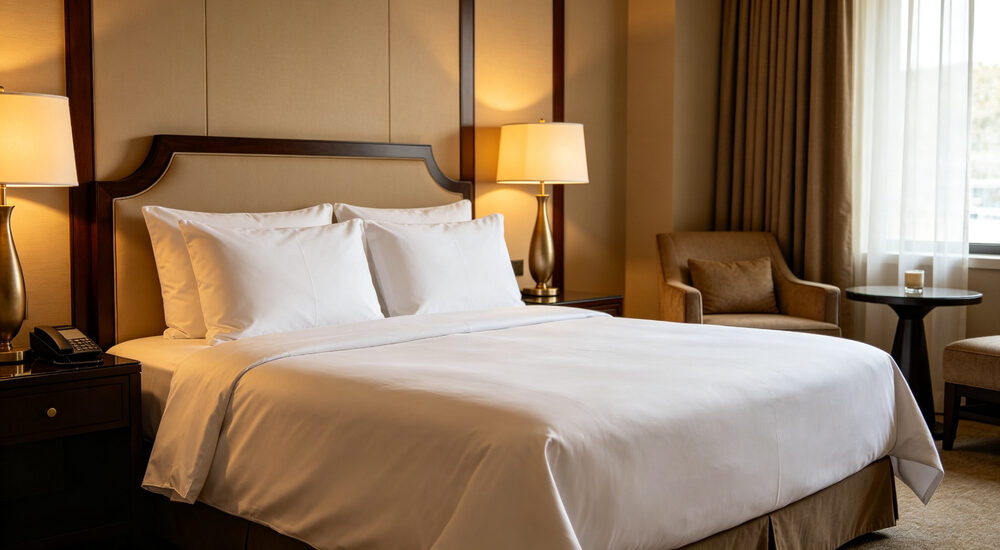 Wide-angle scene of hotel room with premium white institutional bedding and housekeeping staff maintaining quality standards suitable for emergency shelters hospitals universities and hotels requiring durable comfortable bedding solutions
