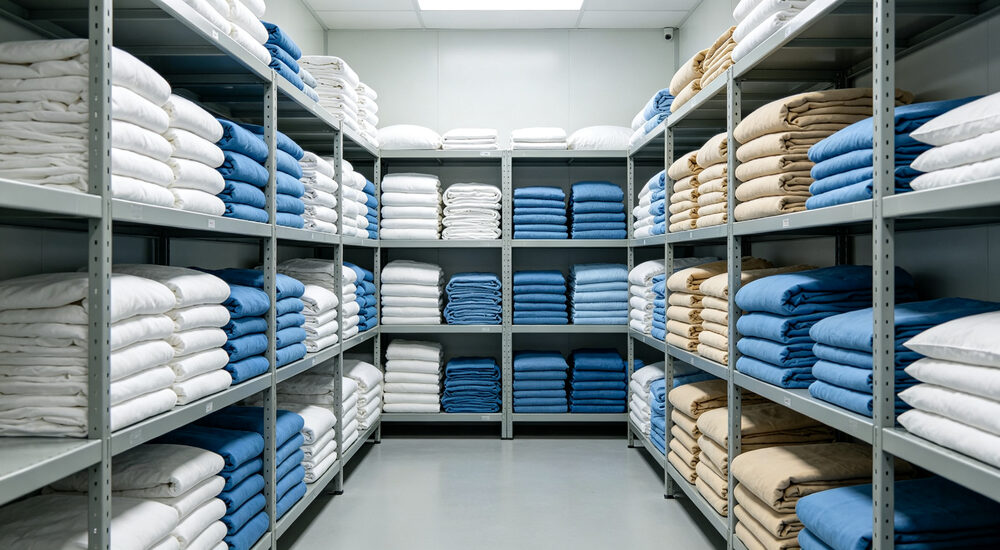 Institutional bedding product display showing material quality and design details for commercial procurement decision making suitable for emergency shelters hospitals universities and hotels requiring durable comfortable bedding solutions
