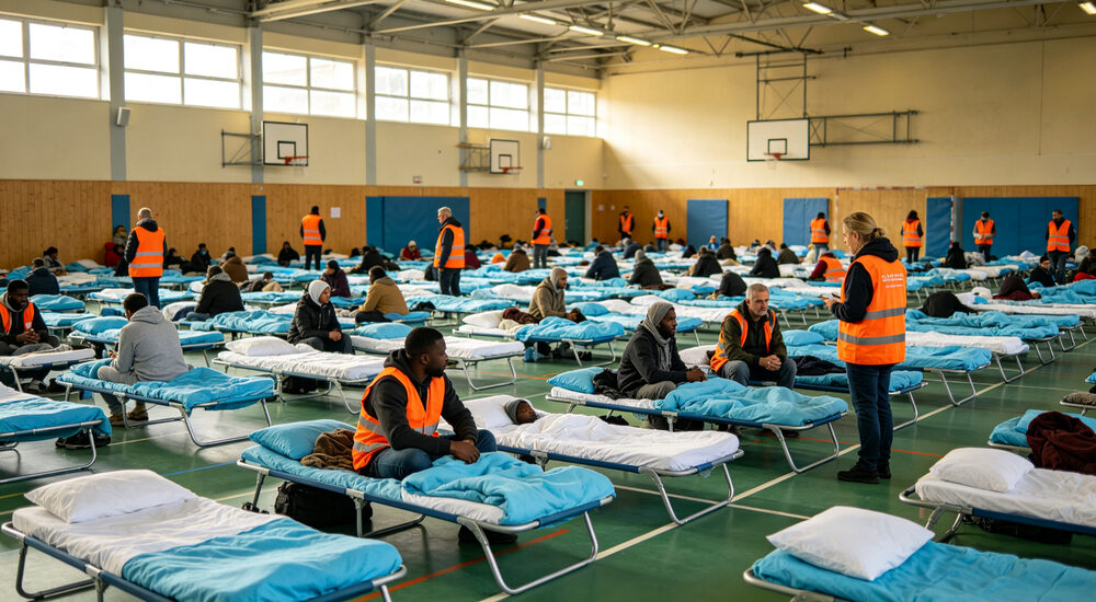 Wide-angle scene of hotel room with premium white institutional bedding and housekeeping staff maintaining quality standards suitable for emergency shelters hospitals universities and hotels requiring durable comfortable bedding solutions