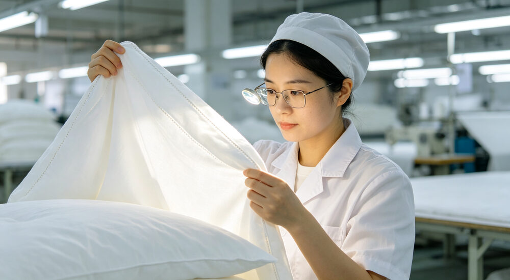 Factory production floor view of quality control inspector examining institutional bedding stitching and fabric durability before shipment suitable for emergency shelters hospitals universities and hotels requiring durable comfortable bedding solutions