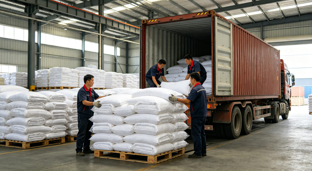 Warehouse storage facility with neatly stacked institutional bedding bundles organized for bulk inventory management and rapid shipment suitable for emergency shelters hospitals universities and hotels requiring durable comfortable bedding solutions