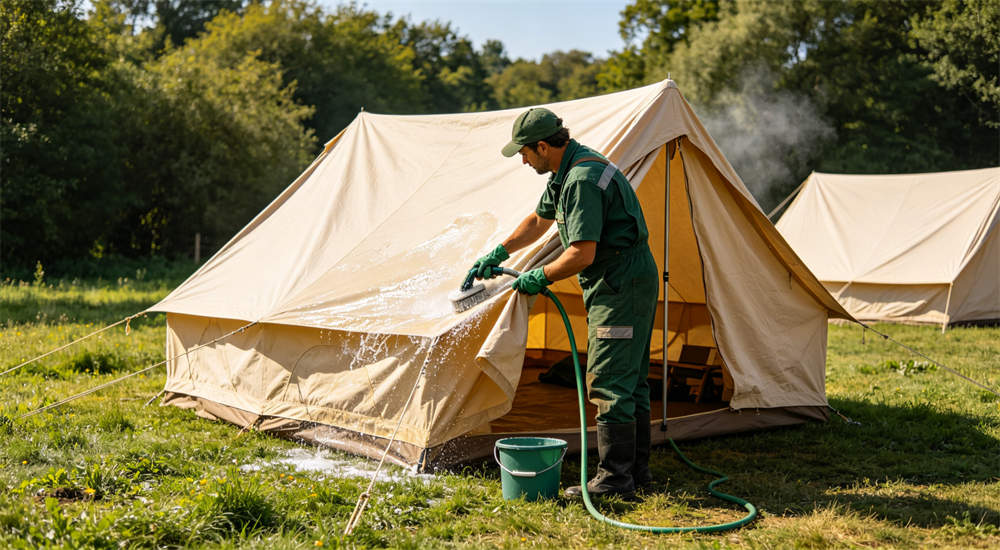 Three workers setting up 12m2 steel frame relief tent, timing the assembly process for rapid deployment in emergency disaster response situations