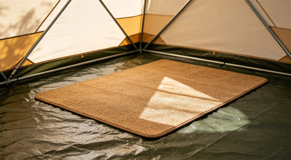 frame tent interior with brown floor mat laid on waterproof ground sheet for temporary shelter