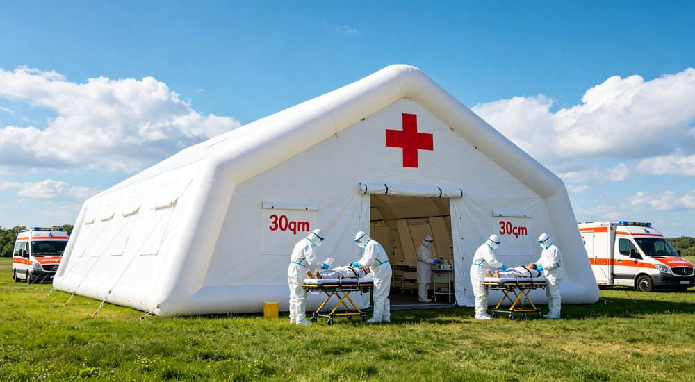 Inflatable medical tent with red cross sign, medical staff conduct field emergency treatment outdoors