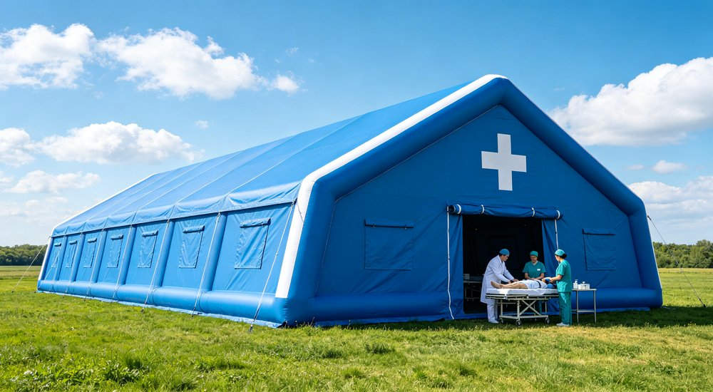 High-quality photo of a 30 square meter inflatable medical tent full exterior view showing complete structure in white color with red cross medical markings