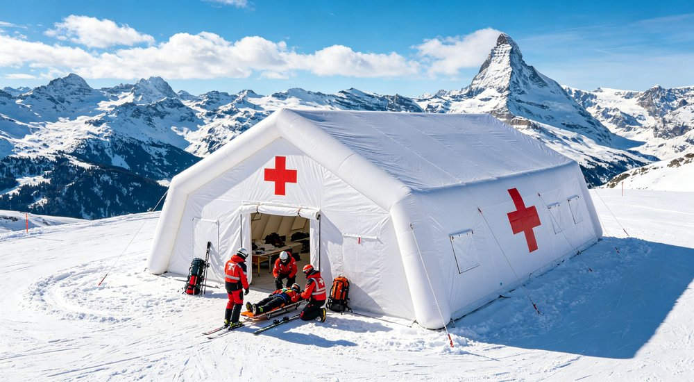 High-quality photo of a 30 square meter inflatable medical tent full exterior view showing complete structure manufactured in a professional factory production workshop in China