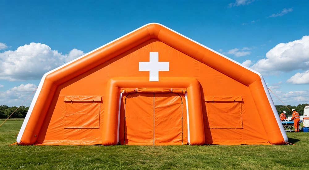High-quality photo of a 30 square meter inflatable medical tent showing a 45-degree side angle view during emergency medical response operations in blue and white color scheme